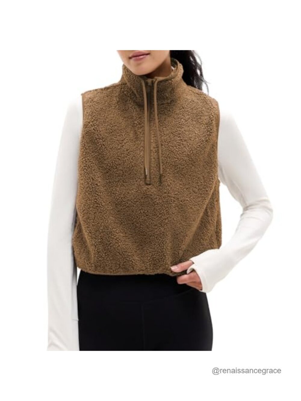 Womens Sherpa Fleece Vest Cropped Half Zip High Neck Sleeveless Warm Layer